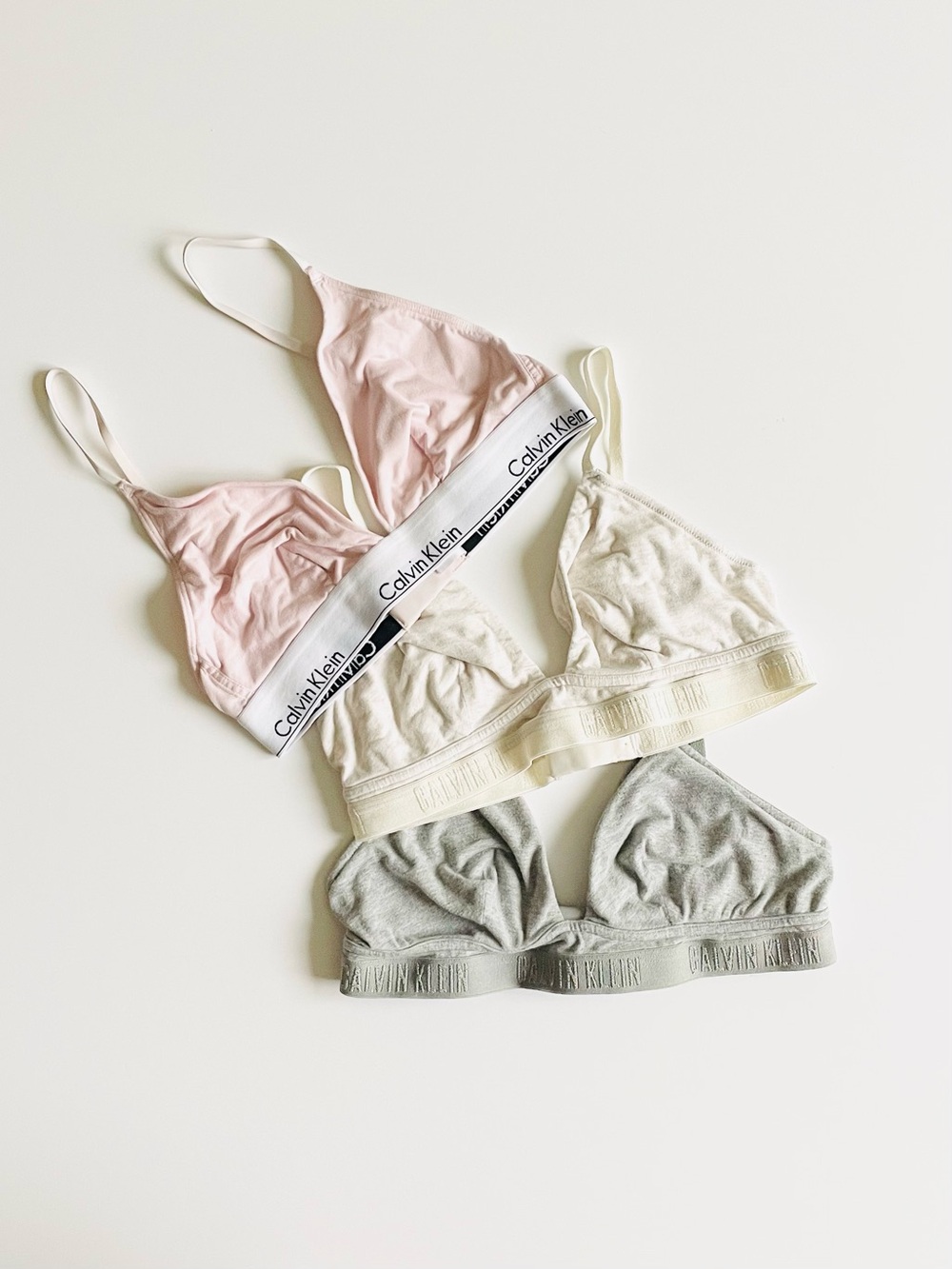 3PCS Calvin Klein MEDIUM cotton triangle bralette bra set pink cream grey